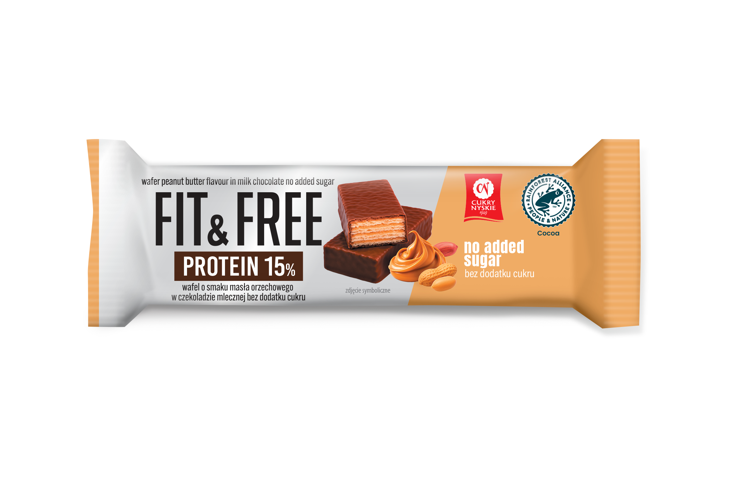 Wafel Fit&Free Protein 15% O Smaku Masła Orzechowego W Czekoladzie Mlecznej Bez Dodatku Cukru 40 G