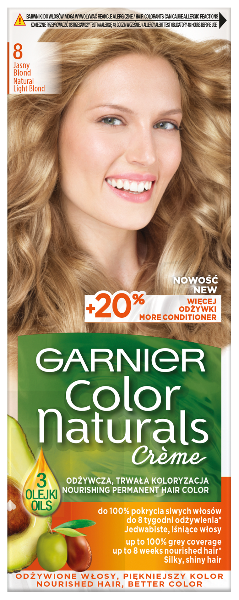Garnier Color Naturals 8 Jasny Blond, Odżywcza Farba Do Włosów, Do 100% Pokrycia Siwych Włosów