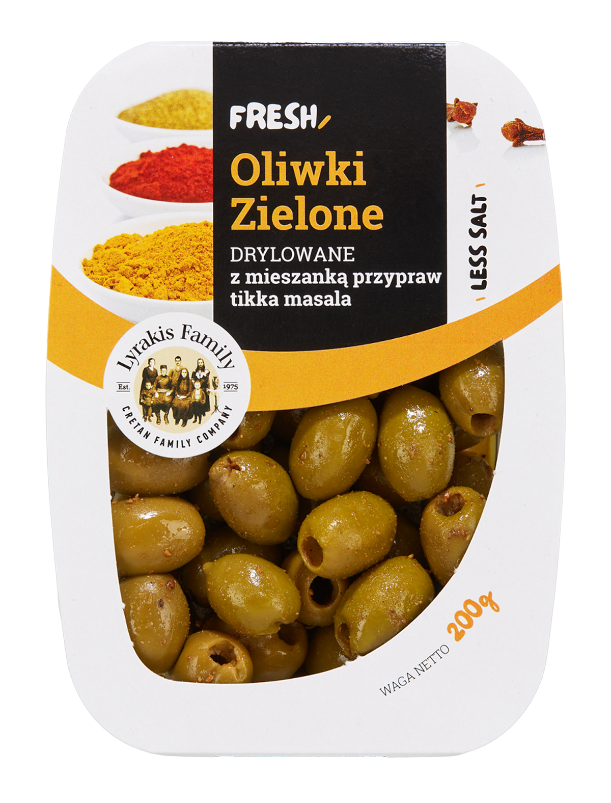 Oliwki Zielone Drylowane Z Mieszanką Przypraw Tikka Masala Fresh Pack 200G Lyrakis Family