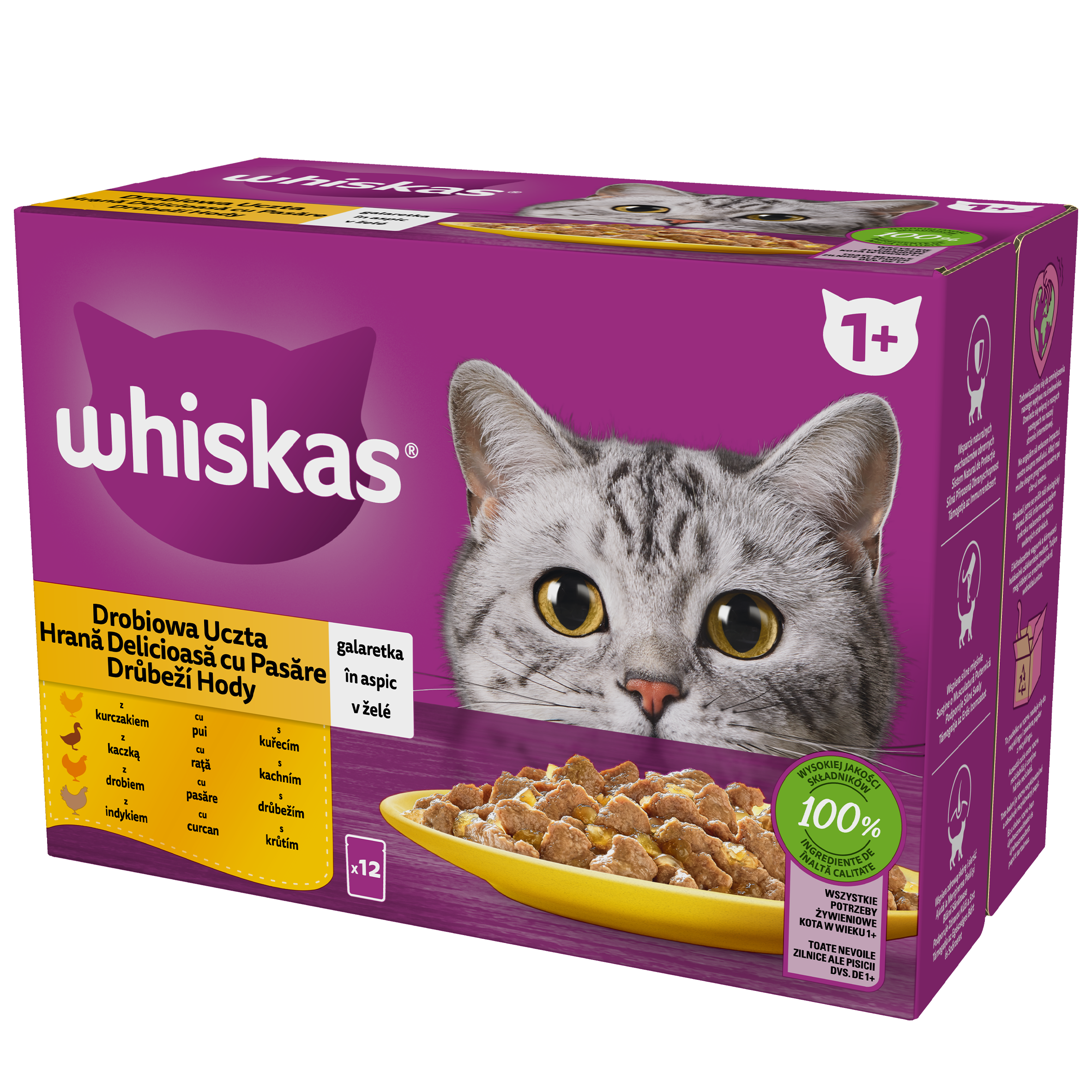 Whiskas Drobiowa Uczta 1+ Galaretka Z Kurczakiem, Z Kaczką, Z Drobiem I Z Indykiem 1,02 Kg (12X85 G)
