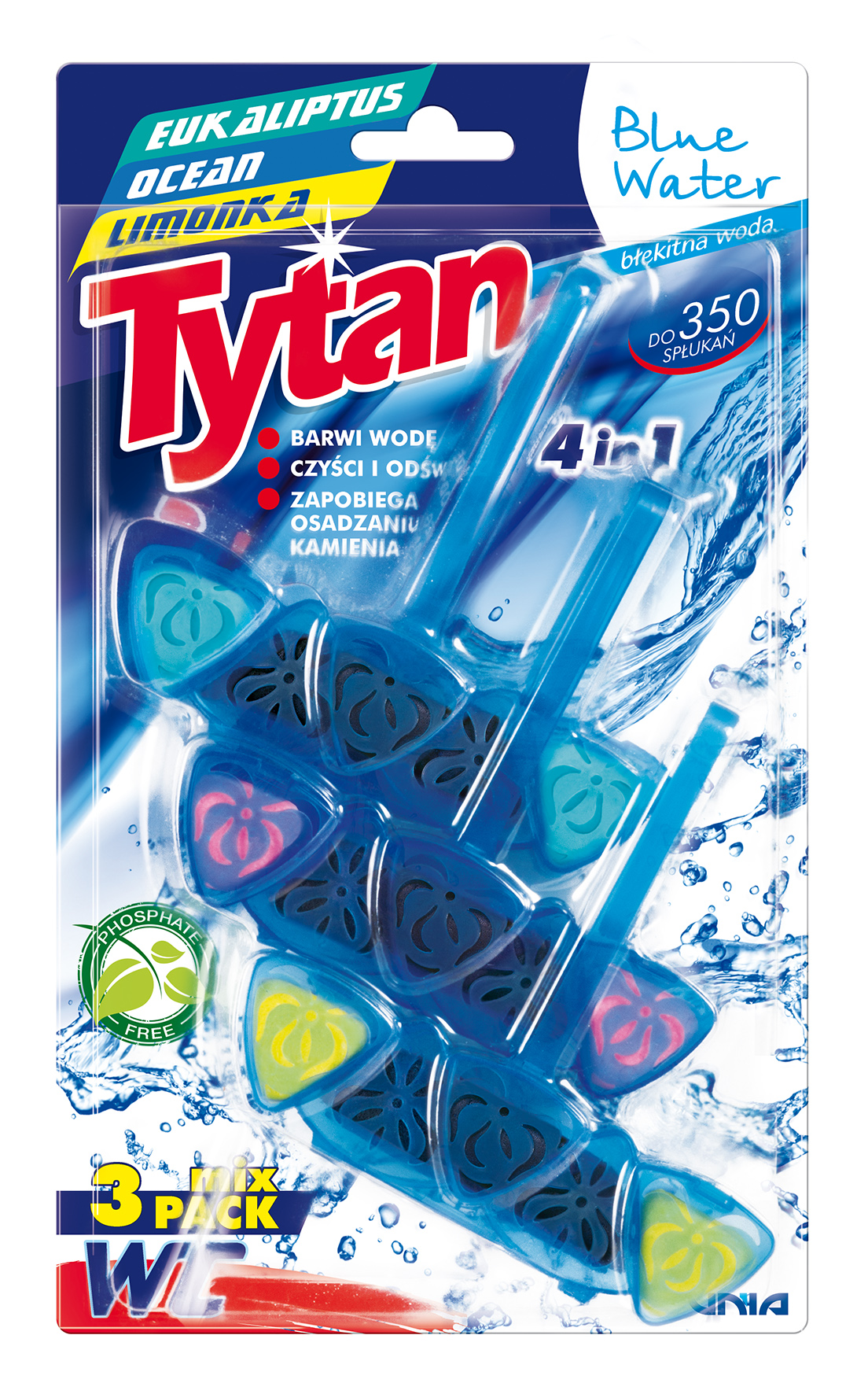Mix-Pak Czterofunkcyjna Zawieszka Barwiąca Wodę Tytan Blue Water Eukaliptus, Ocean, Limonka 3X40G