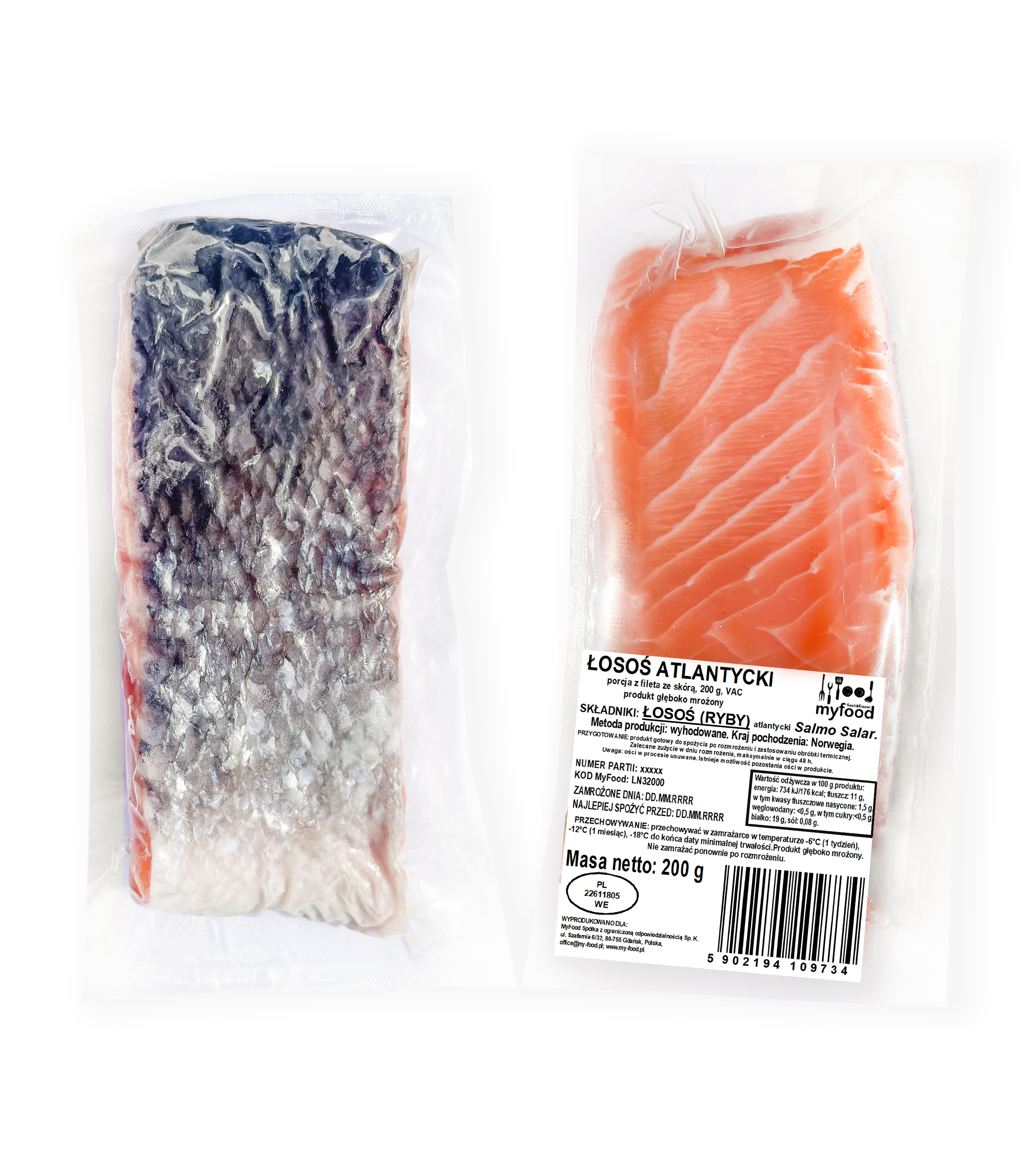 Myfood Łosoś Atlantycki (Salmo Salar) Porcja Z Fileta Ze Skórą, Głęboko Mrożony 200 G