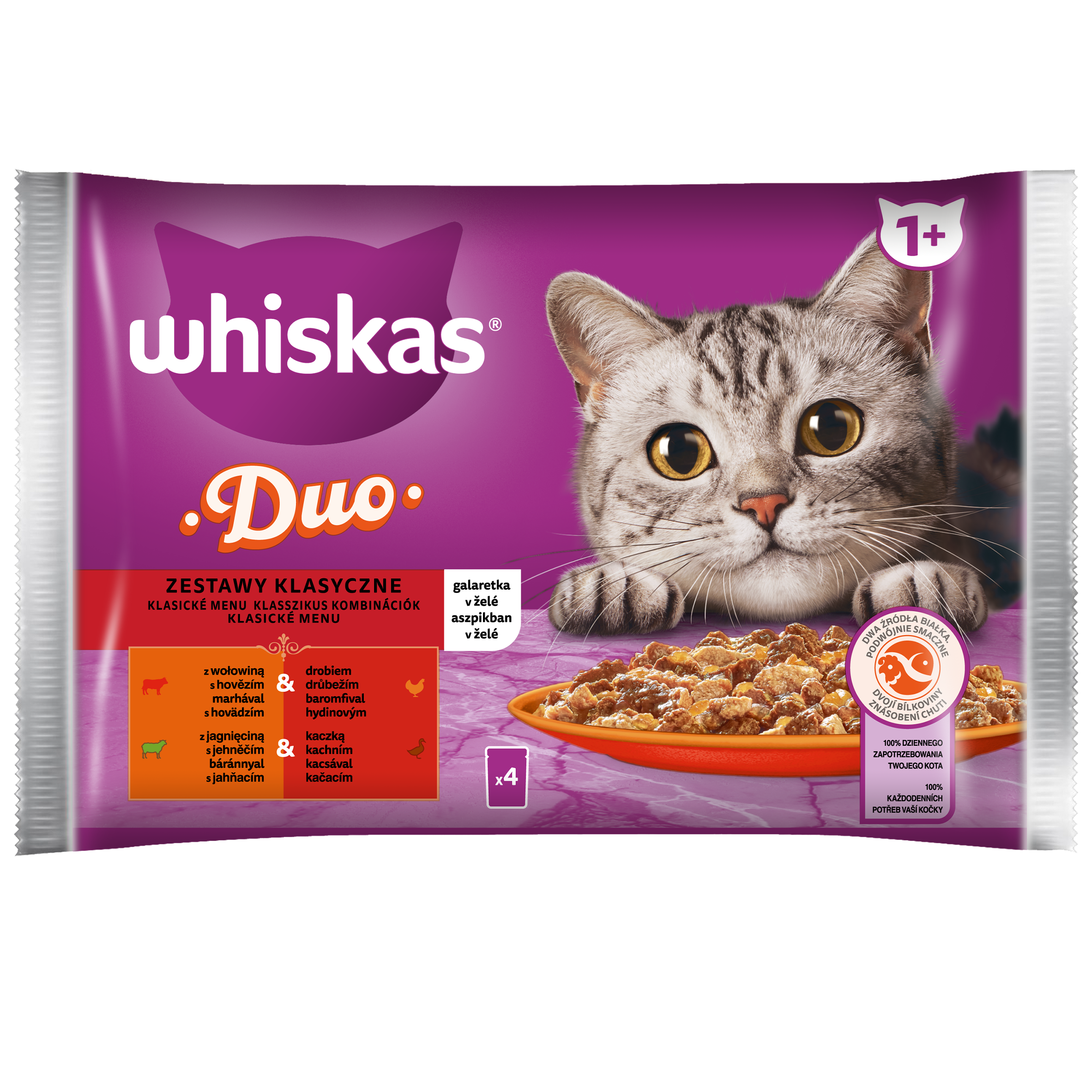 Whiskas Duo Zestawy Klasyczne 1+ Galaretka Z Wołowiną I Drobiem I Z Jagnięciną I Kaczką 340 G (4X85 G)
