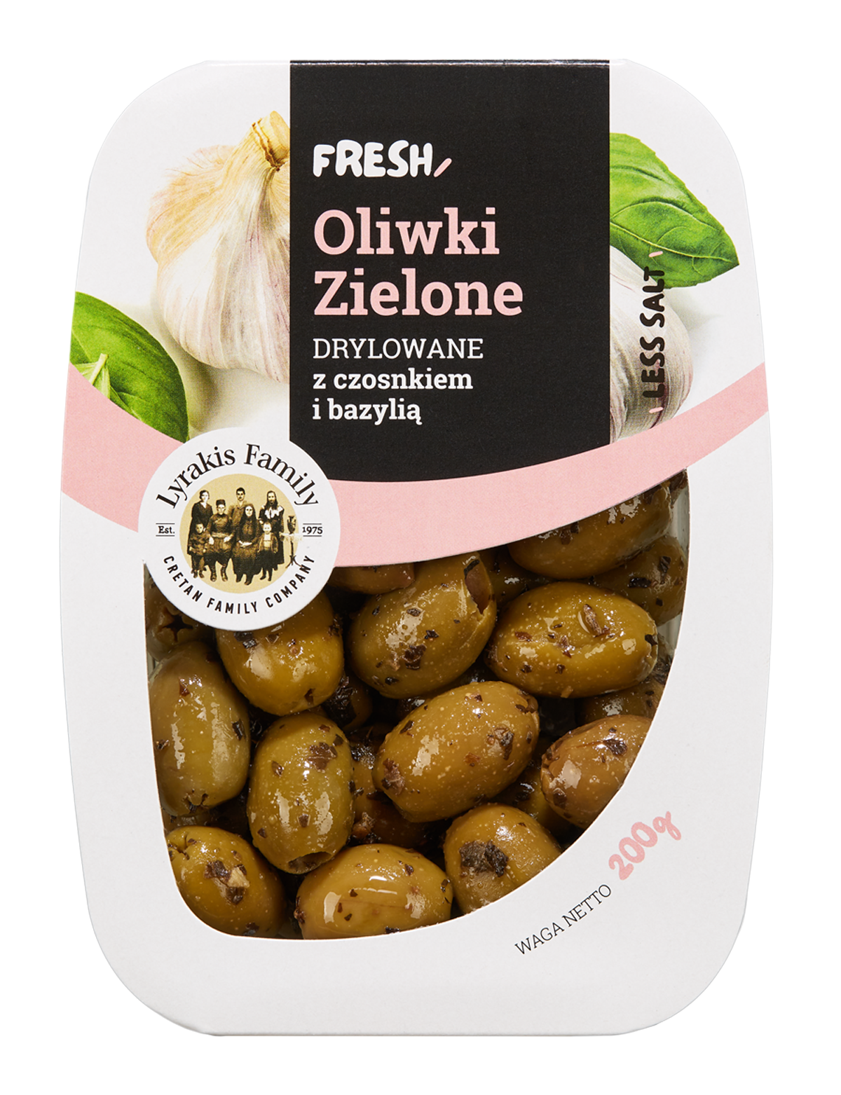 Oliwki Zielone Drylowane Z Czosnkiem I Bazylią Pasteryzowane Fresh Pack 200G Lyrakis Family
