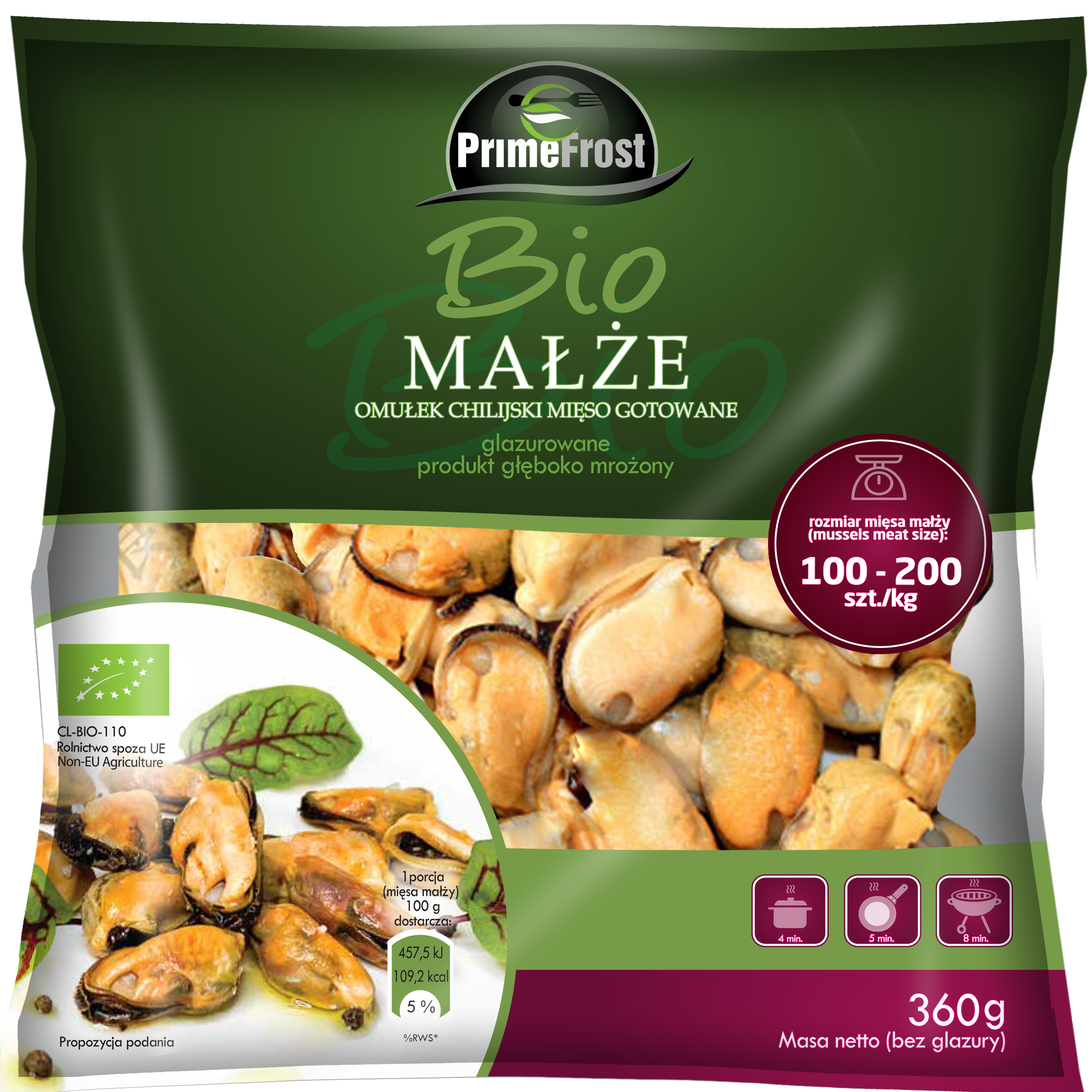 Primefrost Bio Małże-Omułek Chilijski Mięso Gotowane, Oczyszczone, Glazurowane, Rozmiar: 100-200Szt./Kg, Produkt Głęboko Mrożony, 360 G/400 G