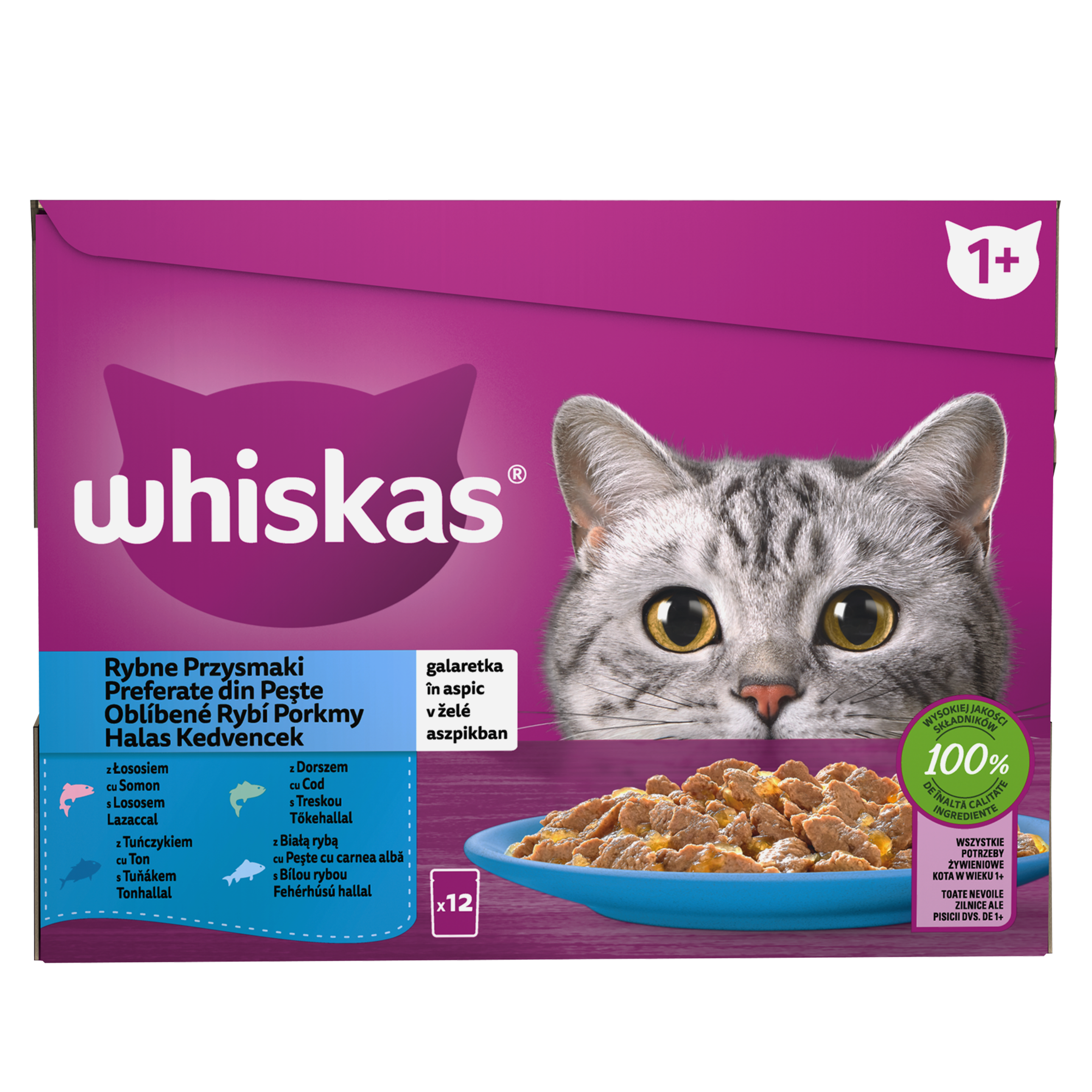 Whiskas Rybne Przysmaki Galaretka Z Łososiem, Z Dorszem, Z Tuńczykiem I Z Białą Rybą 1,02 Kg (12X85 G)