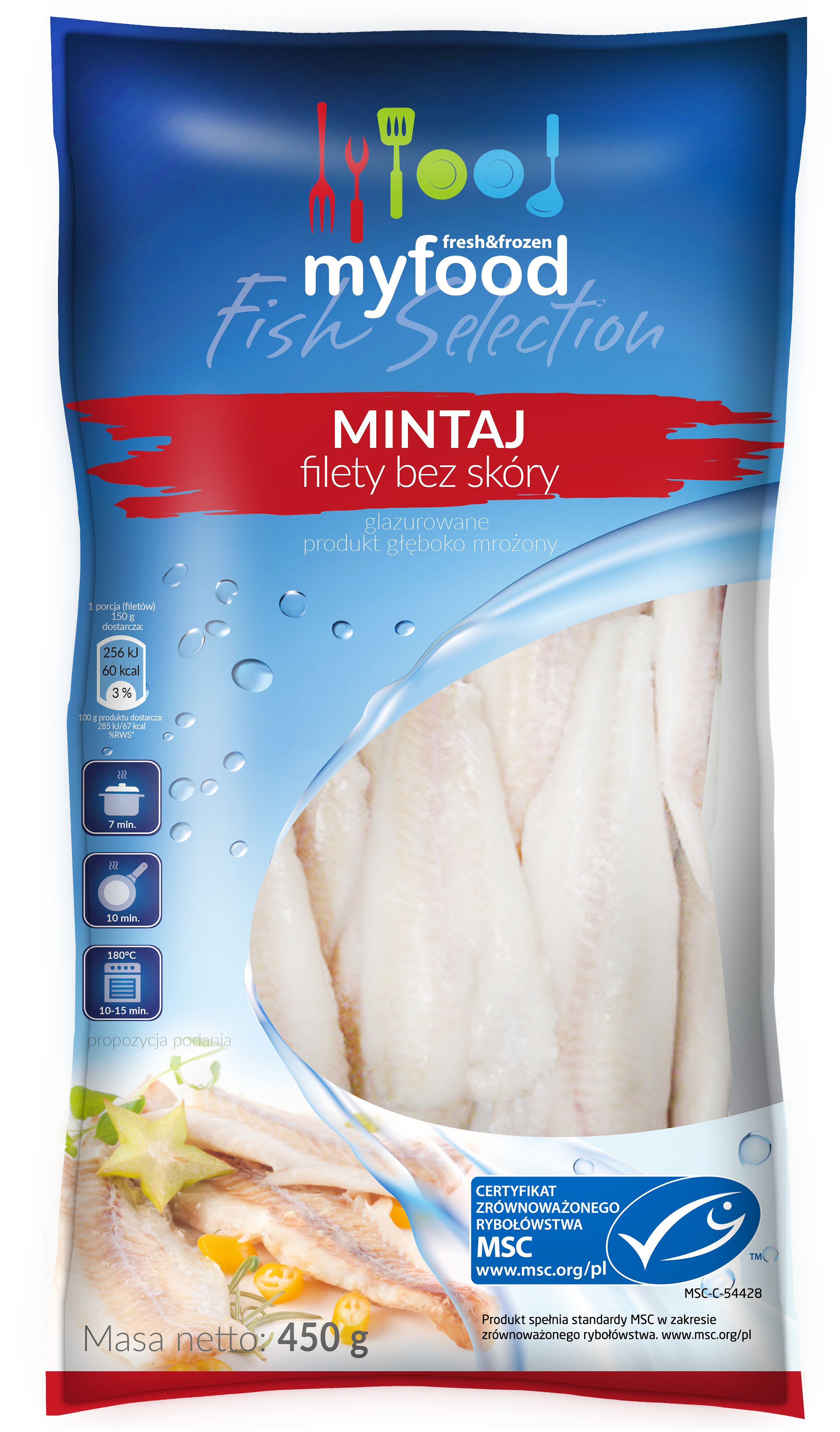 Myfood Msc Mintaj (Theragra Chalcogramma) Filety Bez Skóry, Produkt Głęboko Mrożony, Rozmiar: 120-170 G, Glazura: 10%, 450 G/500 G