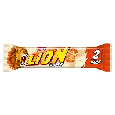 LION White 2 Pack Nadziewany wafel z karmelem i płatkami pszennymi oblany białą czekoladą 60g