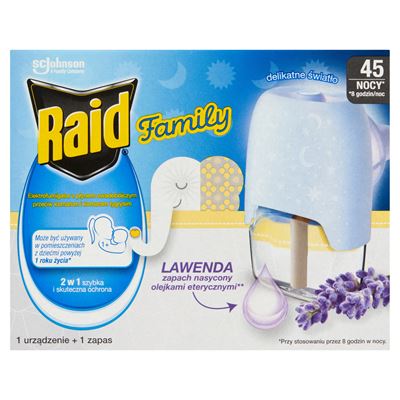 Raid Family Elektrofumigator z płynem owadobójczym przeciw komarom i komarom tygrysim o zapachu lawendowy 45 nocy 1 urządzenie 1 zapas