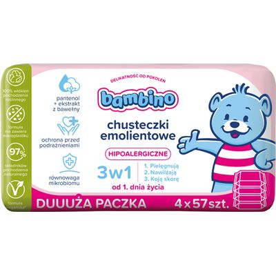 bambino Chusteczki emolientowe hipoalergiczne 3w1 228 sztuk (4 x 57 sztuk)