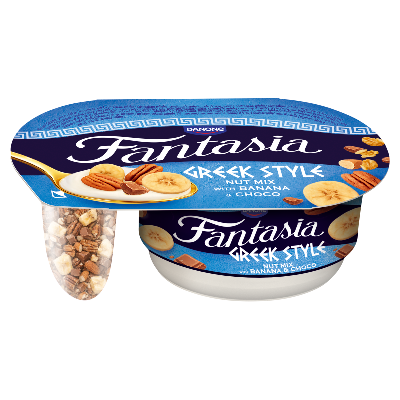 Jogurt grecki z orzechami bananem i mleczną czekoladą