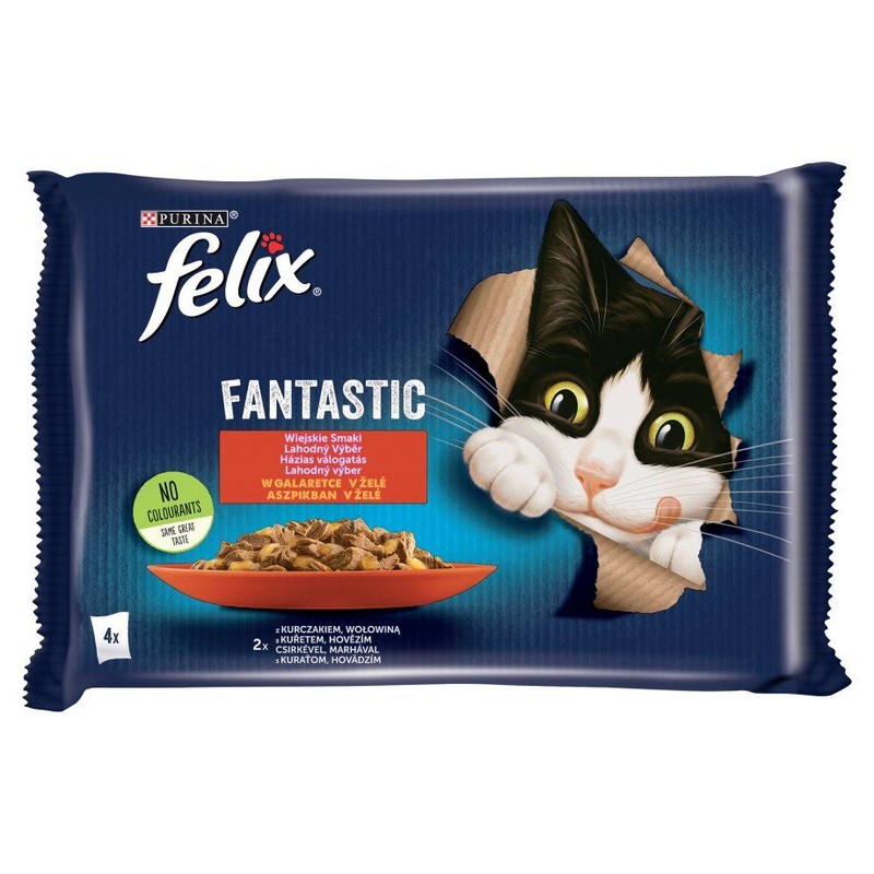 Karma mokra dla kotów Wiejskie smaki w galaretce kurczak-wołowina Felix 4 x 85 g