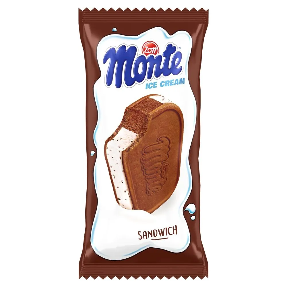 Zott Monte Ciastka kakaowe przełożone lodami śmietankowymi z kawałkami czekolady 120 ml