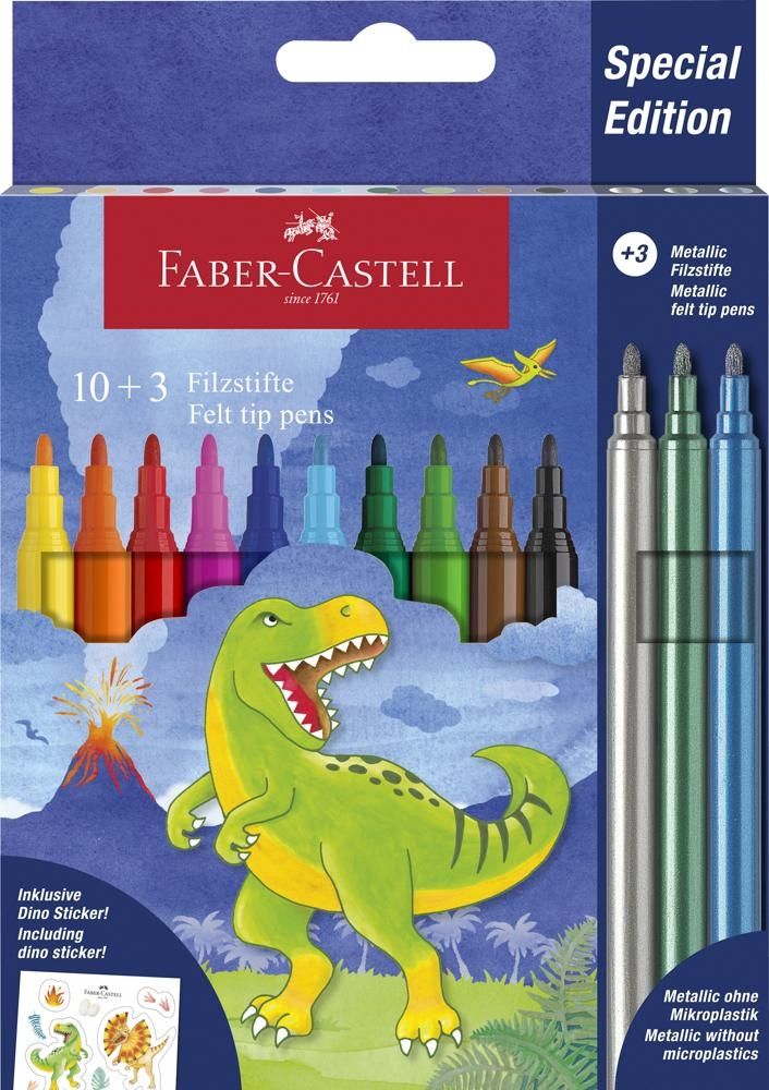 Flamastry FABER-CASTELL edycja dinozaury 10 kolorów + 3 kolory metaliczne + naklejki