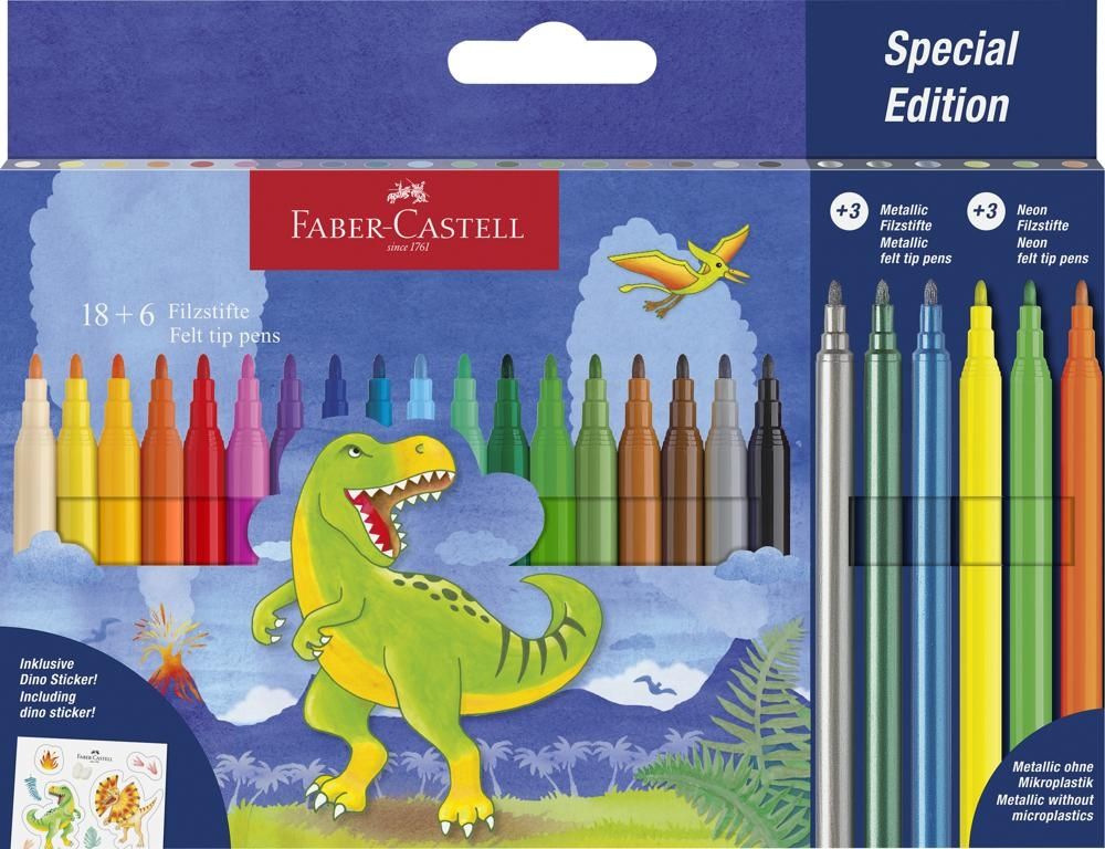 Flamastry FABER-CASTELL edycja dinozaury 18 kolorów + 3 kolory metaliczne + 3 kolory neonowe + naklejki