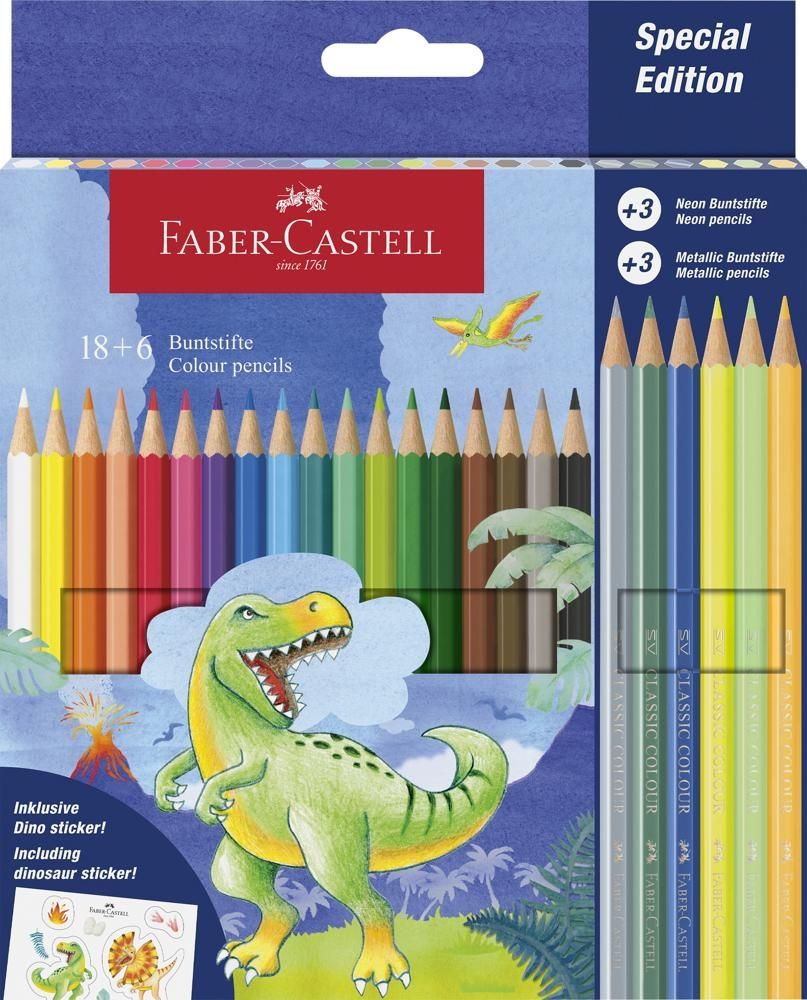 Kredki sześciokątne edycja dinozaury 18 kolorów standardowych + 3 kolory metaliczne + 3 kolory neonowe + naklejki FABER CASTELL