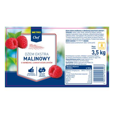 METRO Chef Dżem ekstra malinowy o obniżonej zawartości cukrów 3,5 kg
