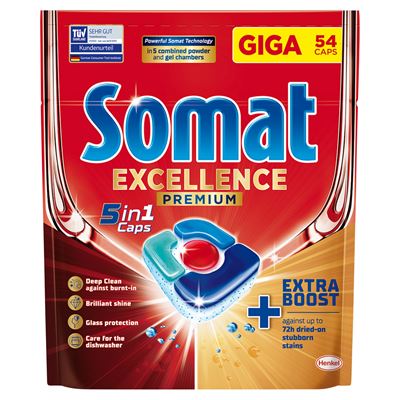 Somat Excellence Premium 5 in 1 Caps Kapsułki do mycia naczyń w zmywarkach 1,053 kg (54 sztuki)