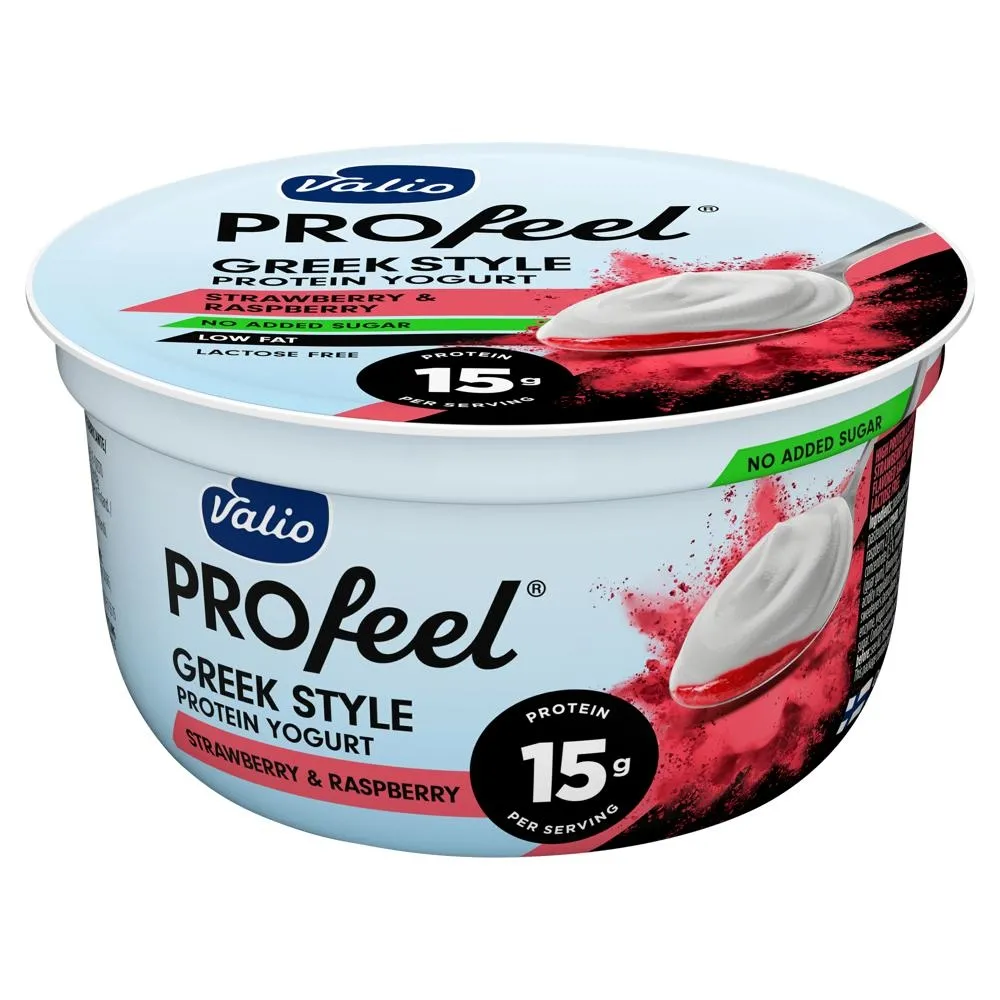 Valio Profeel Wysokobiałkowy jogurt warstwowy z sosem o smaku truskawki i maliny 160 g