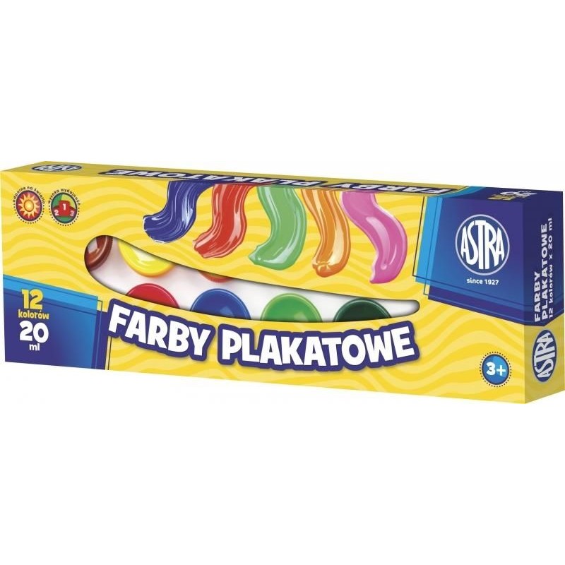 Farby plakatowe szkolne 12 kolorów x 20 ml Astra 12 sztuk