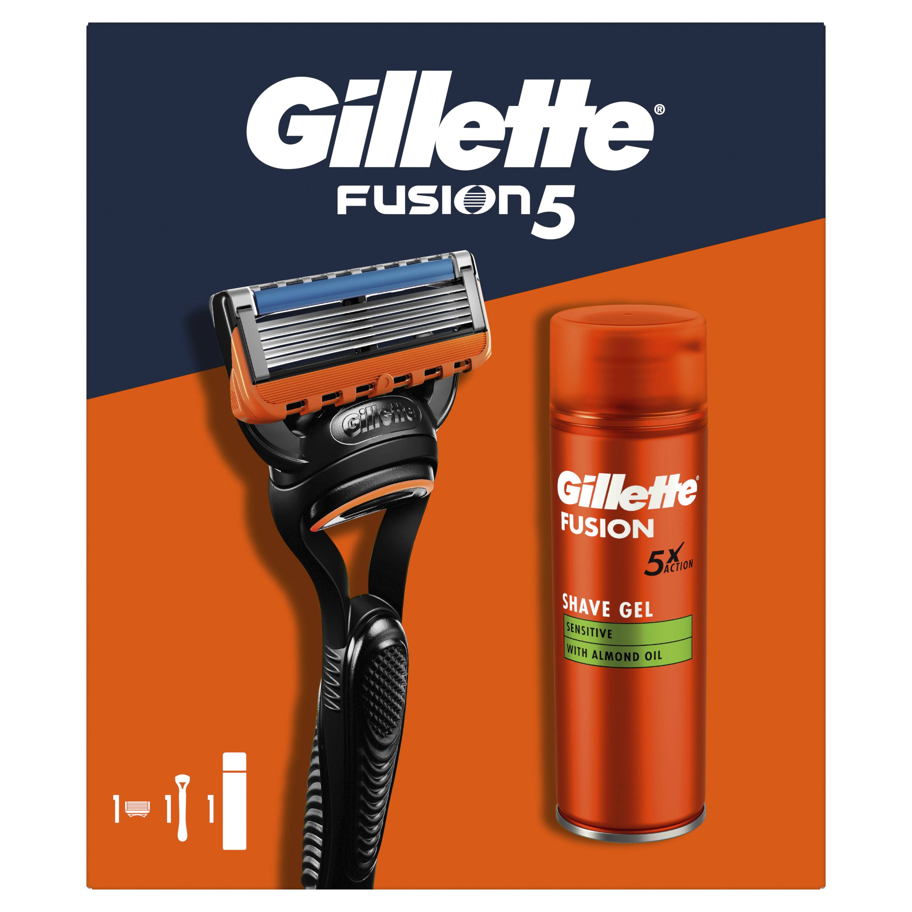 Gillette Zestaw Podarunkowy Maszynka Fusion + Wymienne Ostrza + Żel Sensitive 200 Ml