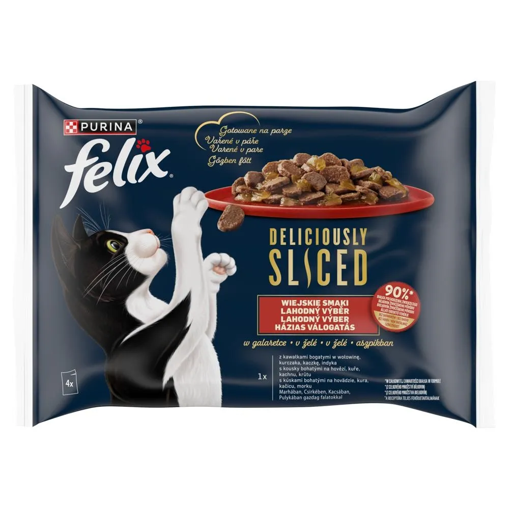 Felix Deliciously Sliced Karma dla dorosłych kotów wiejskie smaki w galaretce 320 g (4 x 80 g)