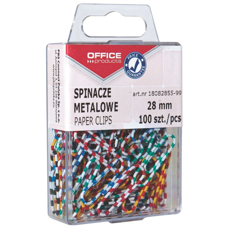 Spinacze metalowe powlekane 28mm mix kolorów Office Products 100 sztuk