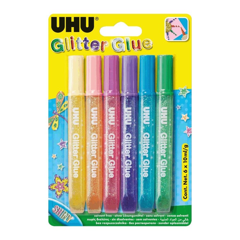Klej brokatowy 6 kol. x 10 ml Shiny UHU 6 sztuk