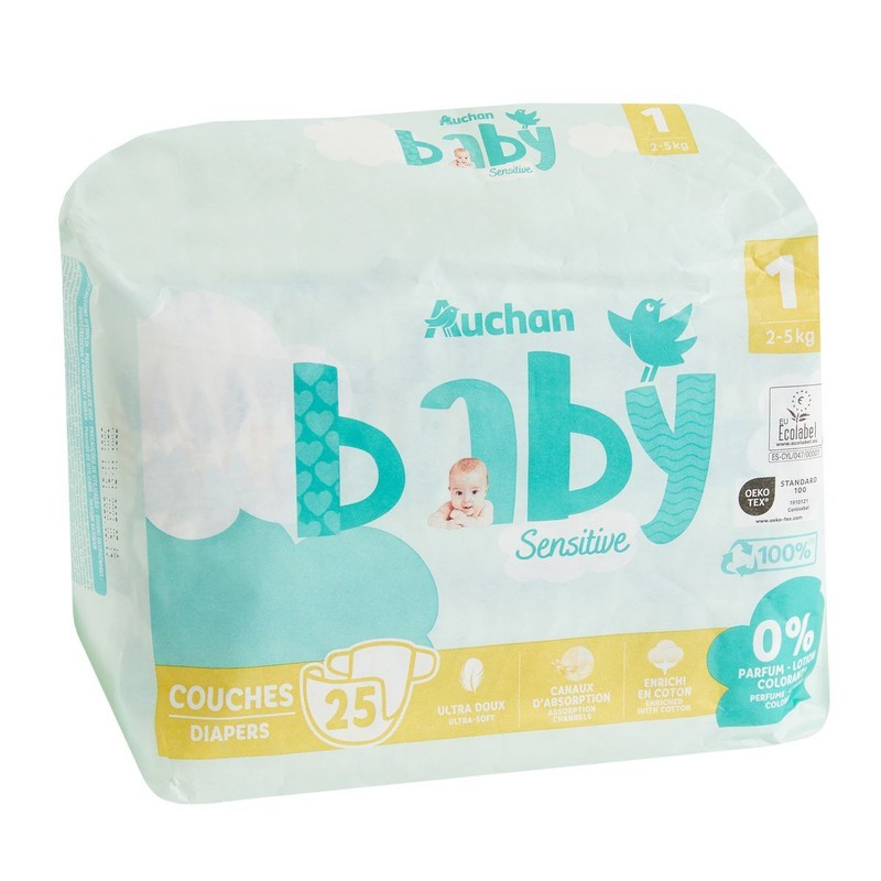 Pieluszki dla niemowląt Sensitive 1 2-5 kg Auchan 25 sztuk