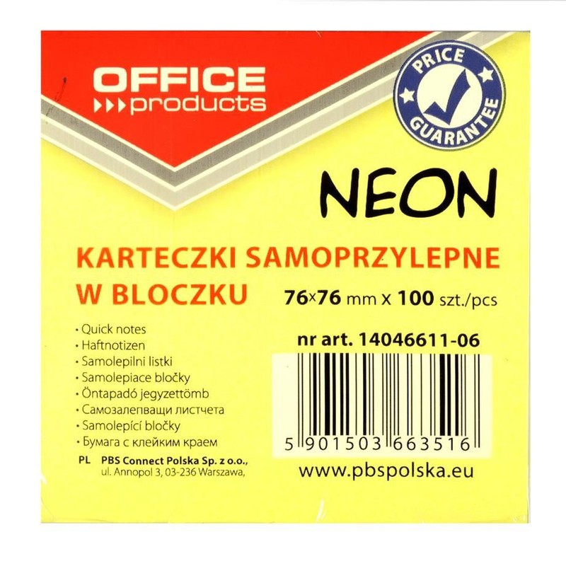 Bloczek samoprzylepny 76x76 mm 100k żółty neon Office Products 1 sztuka
