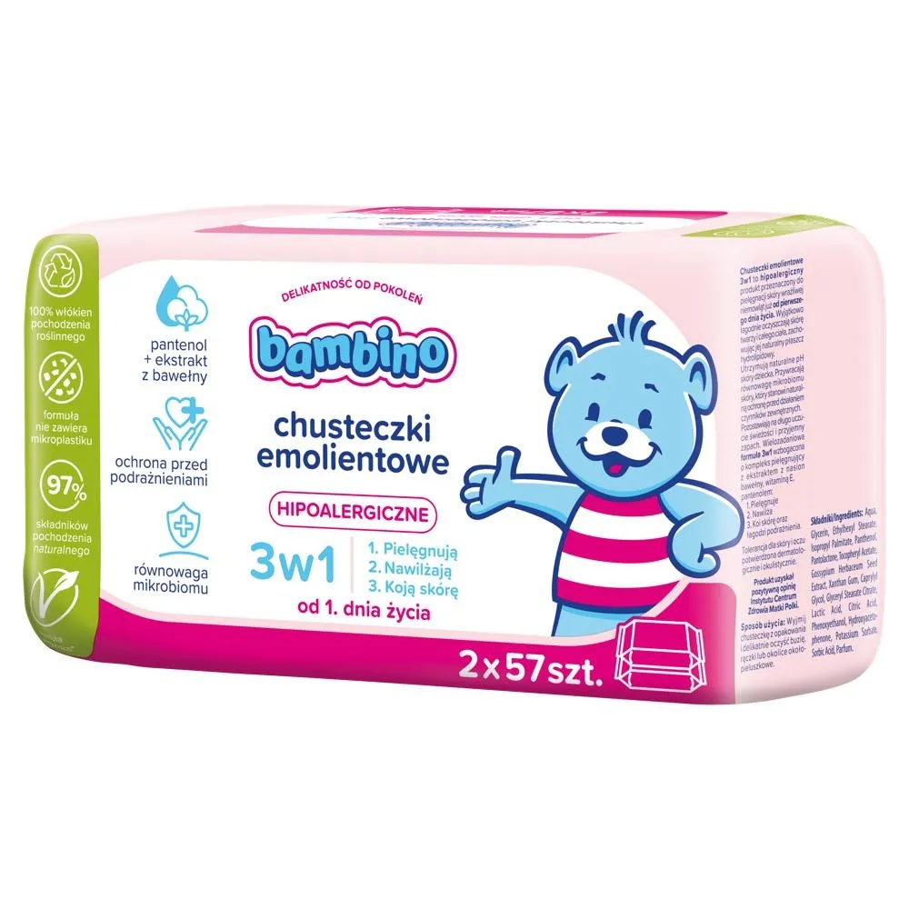 Bambino Chusteczki emolientowe 3w1 2 x 57 sztuk