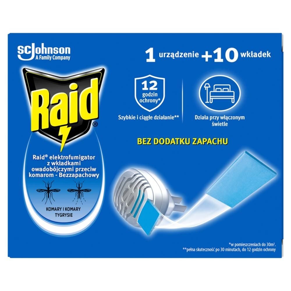 Raid Elektrofumigator z wkładkami owadobójczymi przeciw komarom bezzapachowy 7,4 g (10 x 0,74 g)