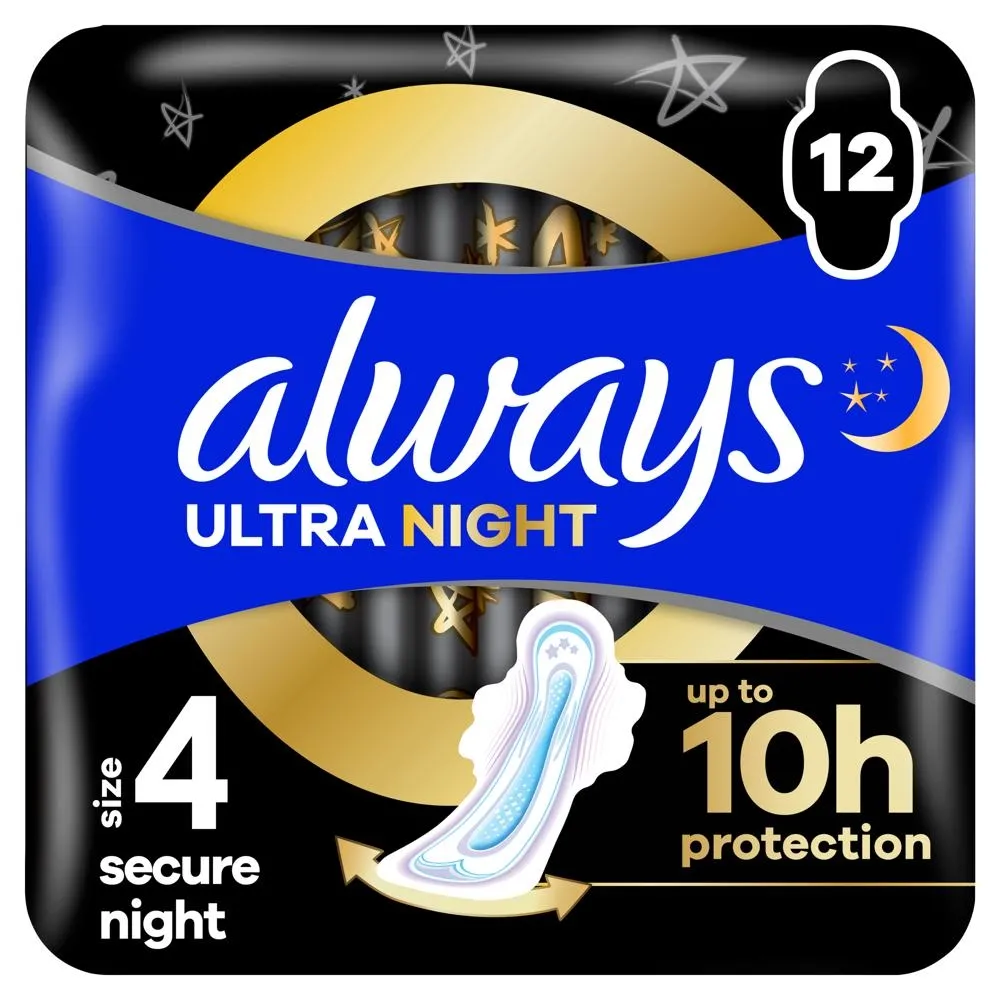 Always Podpaski Ultra Secure Night (rozmiar 4) Podpaski ze skrzydełkami, x 12]