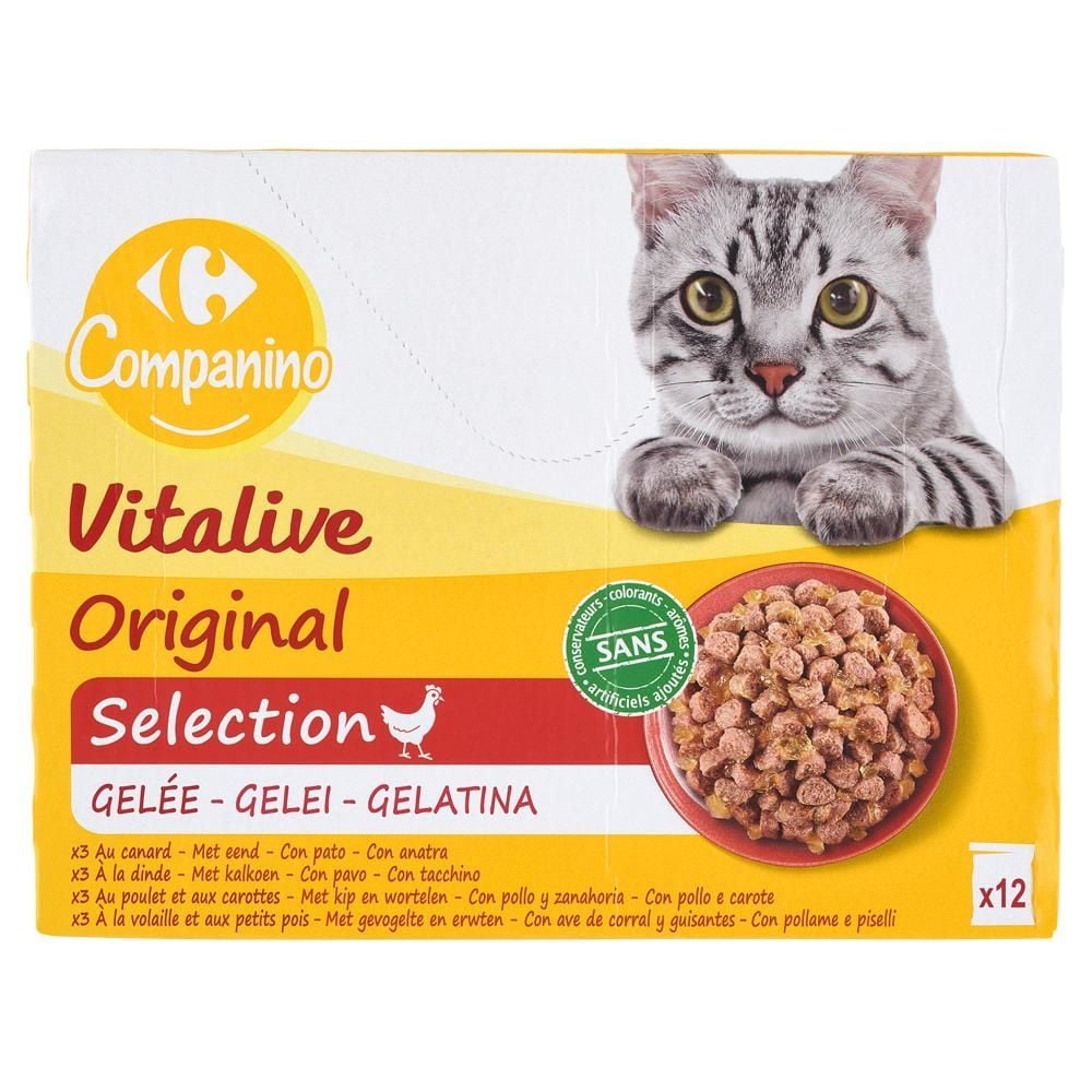 Carrefour Companino Vitalive Karma dla dorosłych kotów kawałki w galarecie 1,2 kg (12 x 100 g)