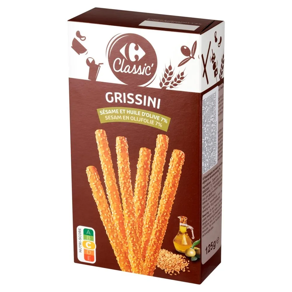 Carrefour Classic Grissini Paluszki chlebowe z nasionami sezamu i oliwą z oliwek 125 g