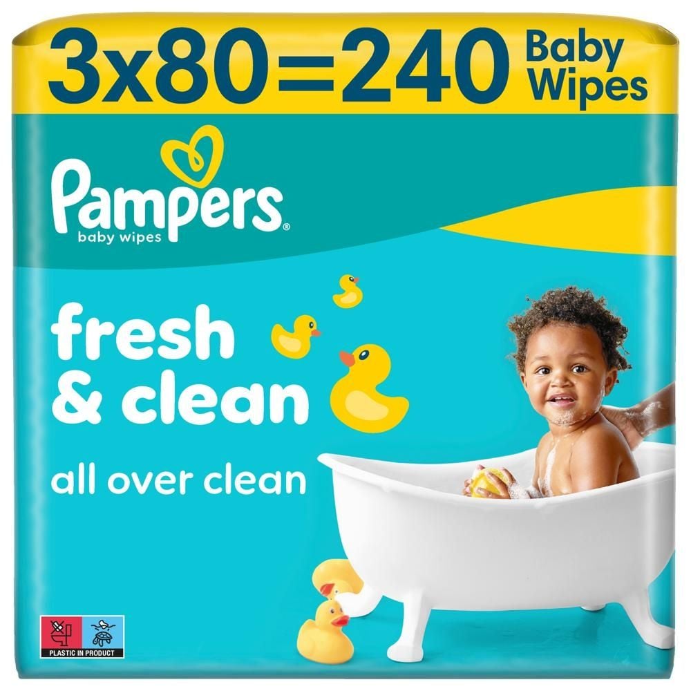 Pampers Fresh Clean Chusteczki Nawilżane Dla Dzieci, 3 Opakowania po 80 Chusteczek  szt