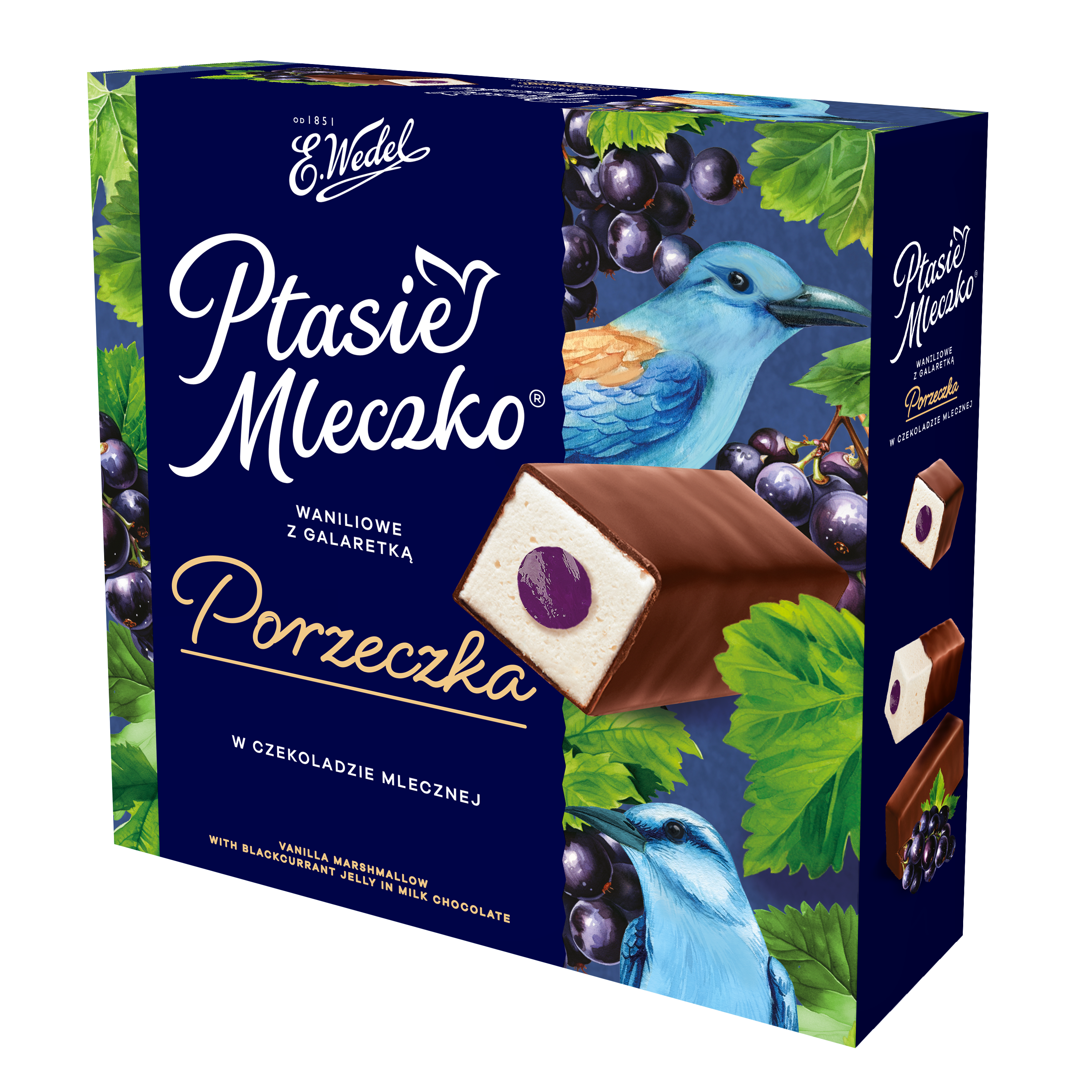 E.Wedel Ptasie Mleczko Waniliowe Z Galaretką O Smaku Czarnej Porzeczki W Czekoladzie Mlecznej 340G