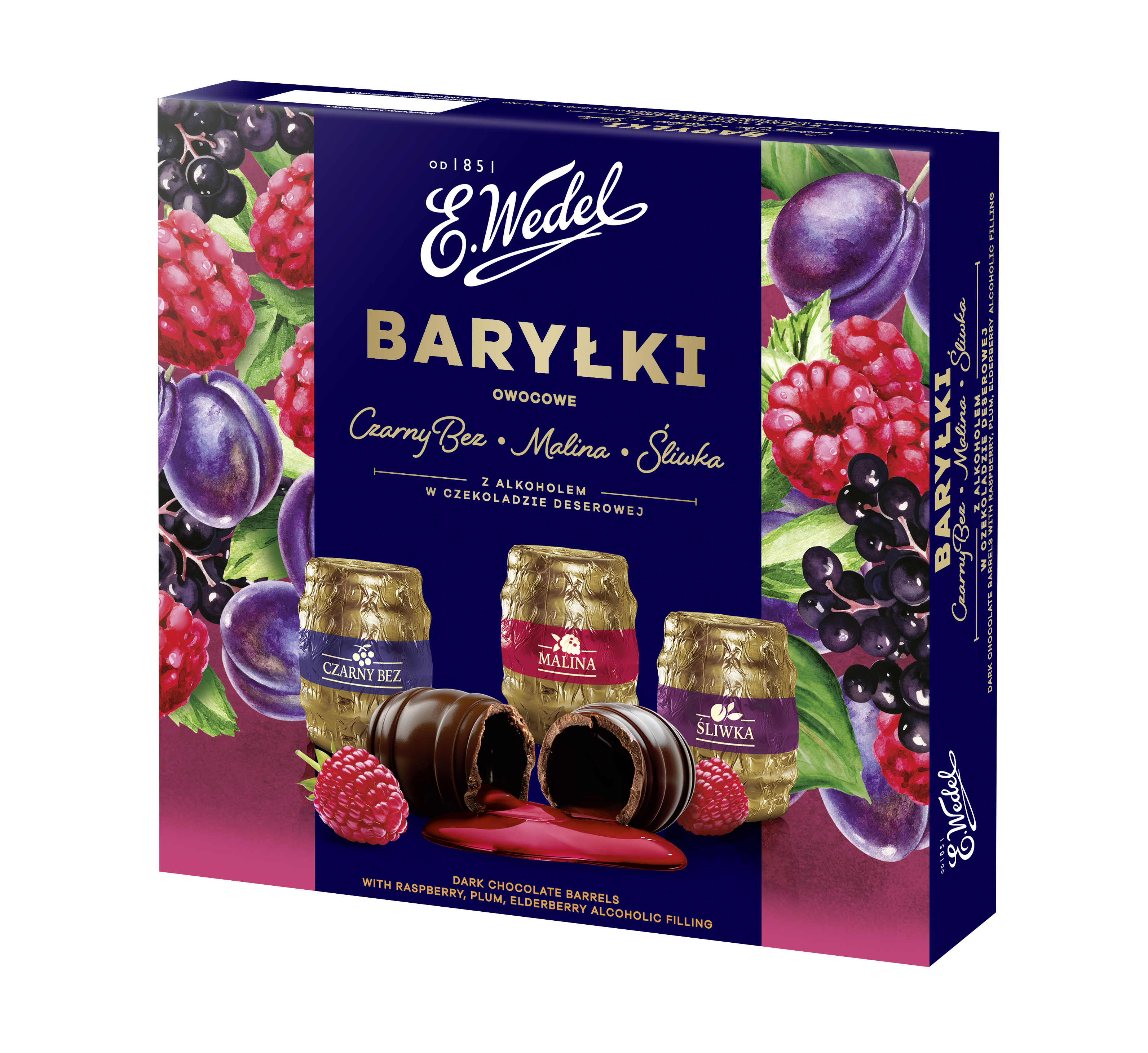 E.Wedel Baryłki Owocowe Czarny Bez, Malina, Śliwka Z Alkoholem W Czekoladzie Deserowej 200G