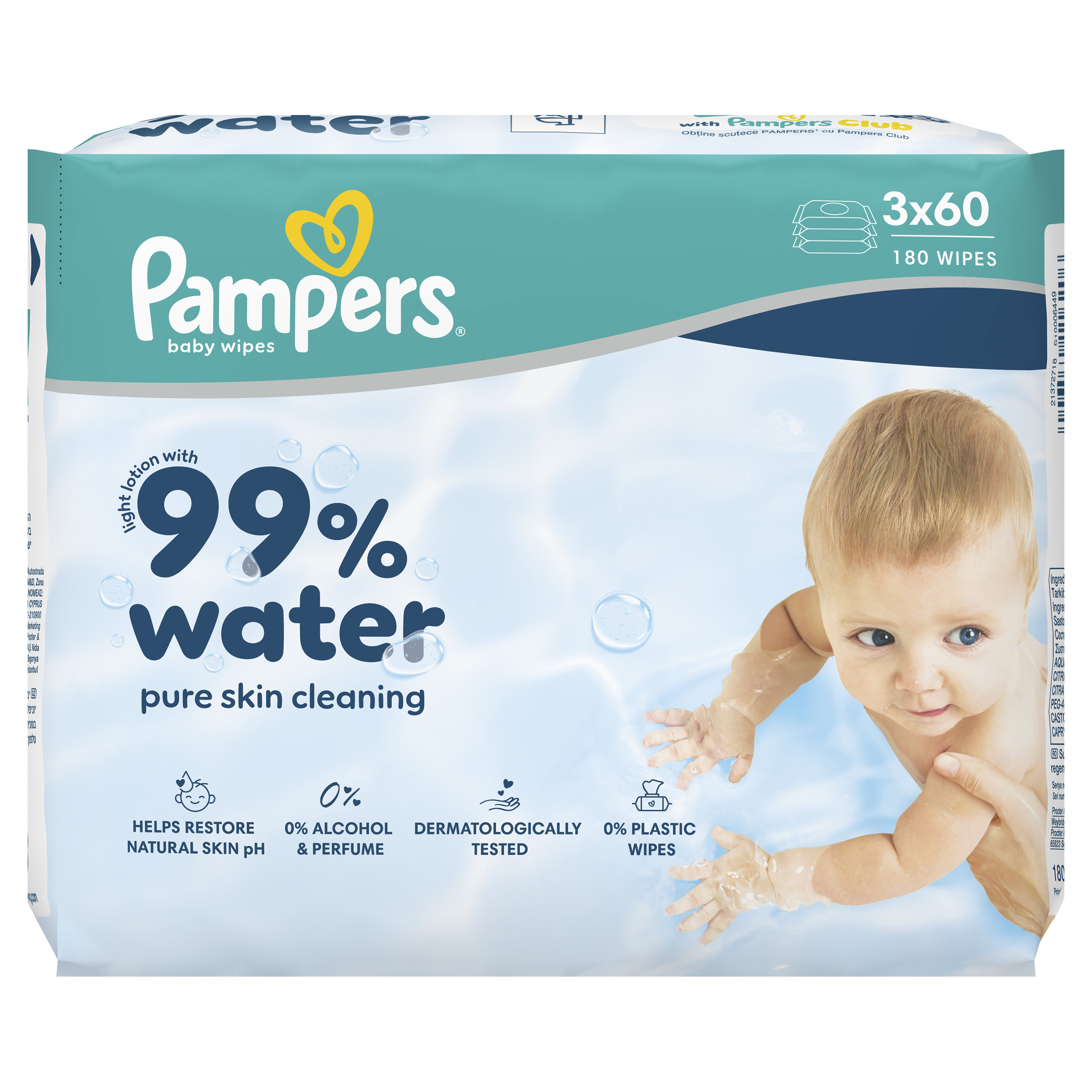 Pampers 99% Water Chusteczki Nawilżane Dla Dzieci, 3 Opakowania Po 60 Szt. Chusteczek = 180 Szt
