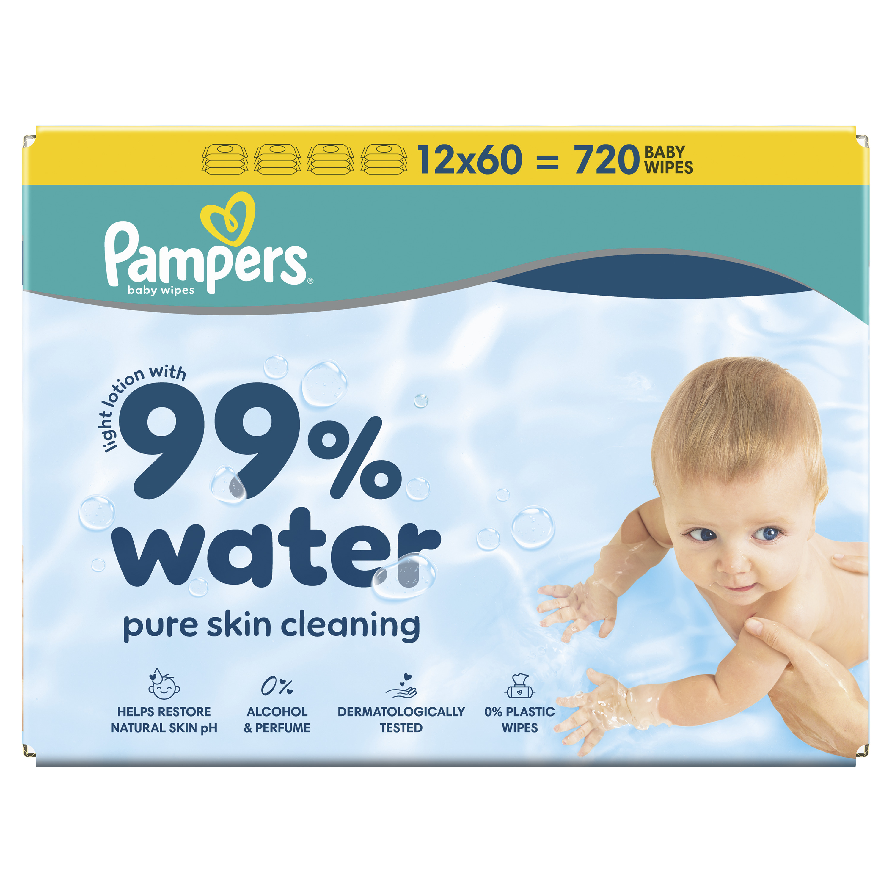 Pampers 99% Water Chusteczki Nawilżane Dla Dzieci, 12 Opakowań Po 60 Chusteczek = 720 Szt