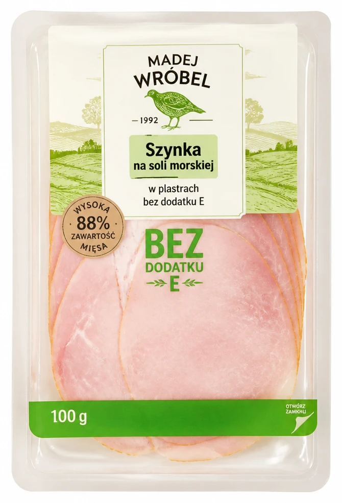 MADEJ WRÓBEL Szynka lub Schab na soli morskiej, w plastrach, bez dodatku E