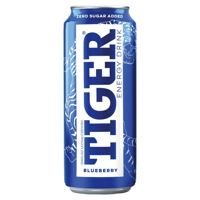 Gazowany owocowy napój energetyzujący o smaku jagody, z dodatkiem kofeiny i witamin. Zawiera substancje słodzące. Pasteryzowany.  TIGER 500 ml