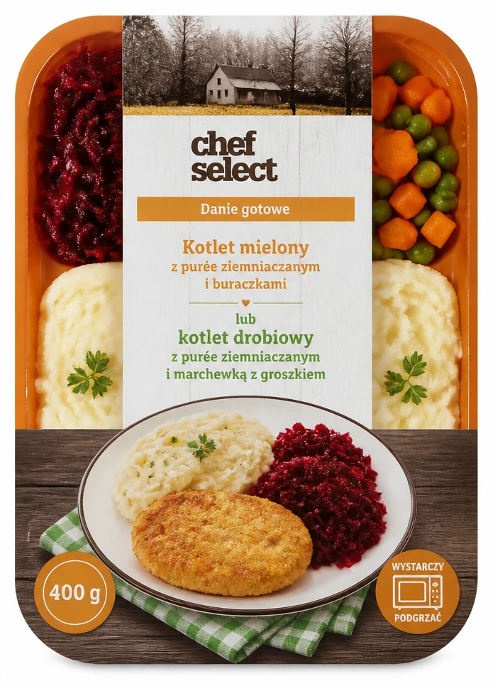 CHEF SELECT Kotlet mielony z purée ziemniaczanym i buraczkami lub kotlet drobiowy z purée ziemniaczanym i marchewką z groszkiem