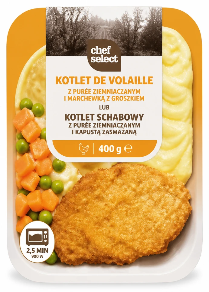CHEF SELECT Kotlet de volaille z purée ziemniaczanym i marchewką z groszkiem lub kotlet schabowy z purée ziemniaczanym i kapustą zasmażaną