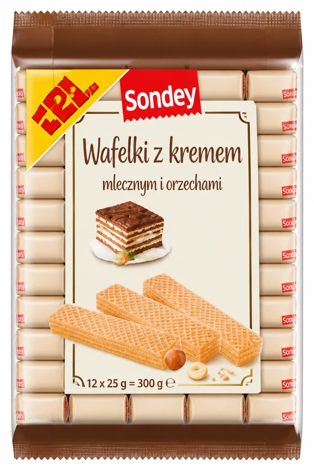 SONDEY Wafelki z kremem mlecznym i orzechami, 12-pak