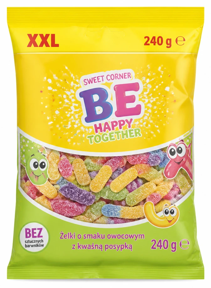 SWEET CORNER Żelki o smaku owocowym z kwaśną posypką, XXL