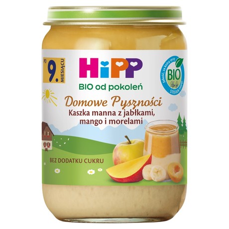HiPP BIO Domowe pyszności Kaszka manna z jabłkami mango i morelami po 9. miesiącu 190 g