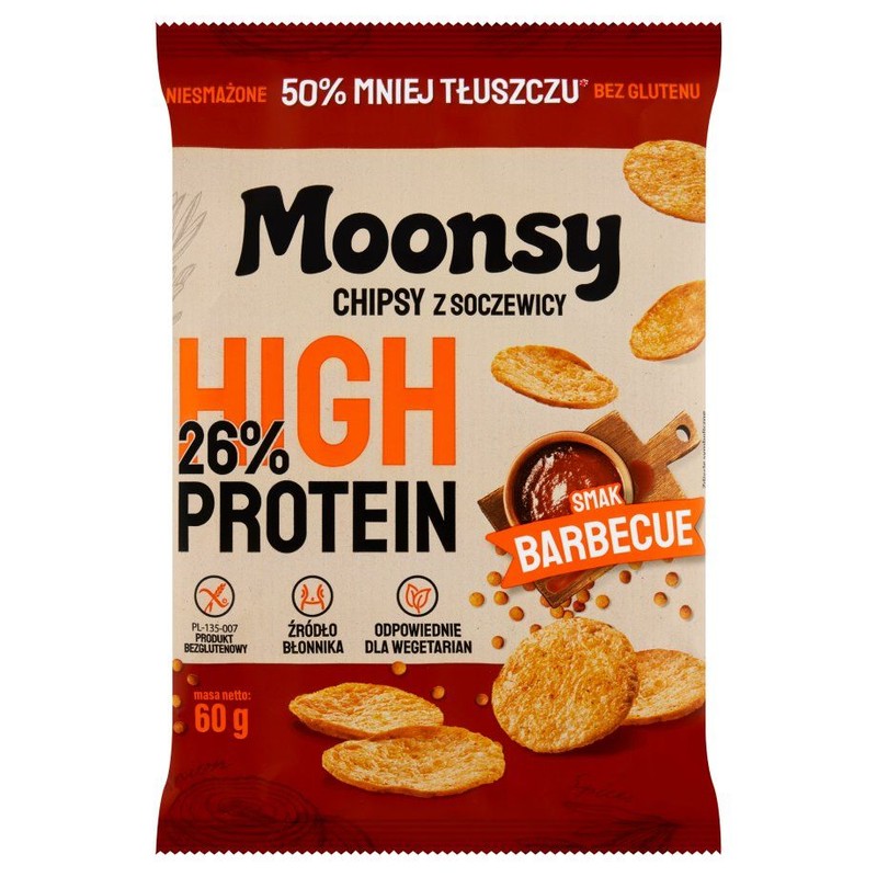 Chipsy proteinowe z soczewicy o smaku BBQ Moonsy 60 g