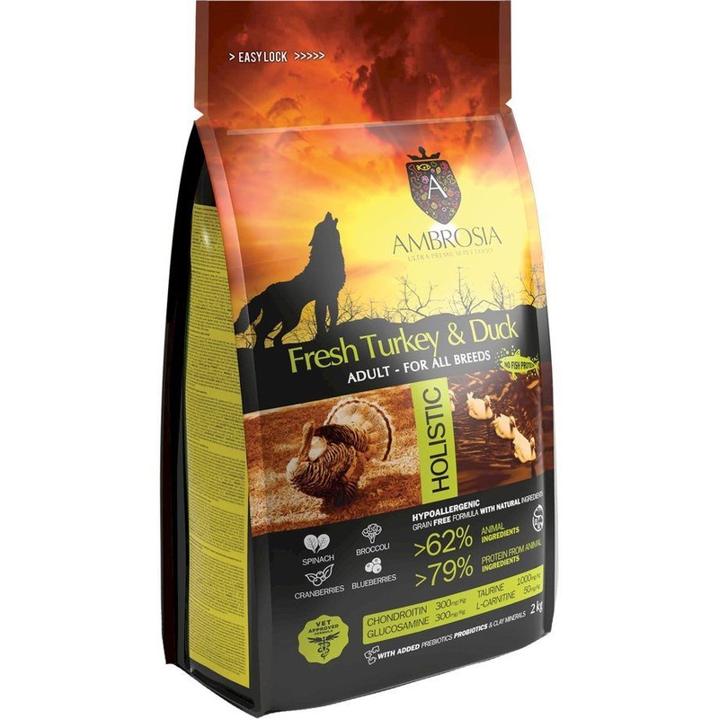 Karma sucha dla psów ze świeżym indykiem i kaczką   Ambrosia 2 kg