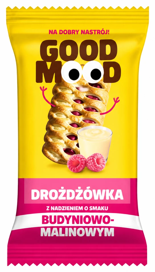 Drożdżówka Good Mood z nadzieniem o smaku budyniowo-malinowym